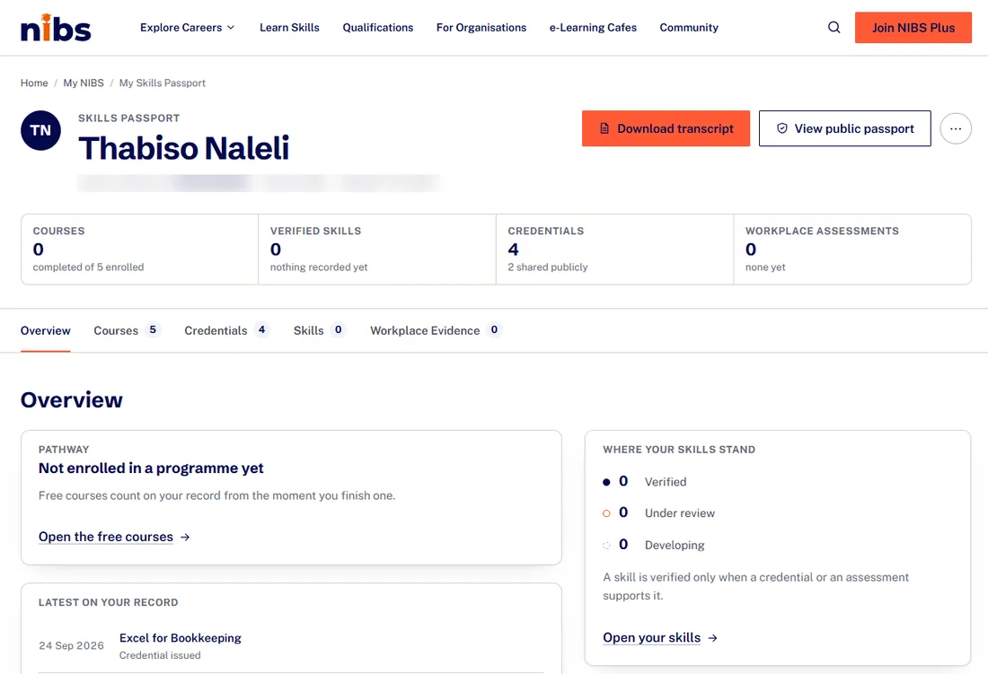Skills Passport showing courses completed, verified skills, credentials and workplace assessments