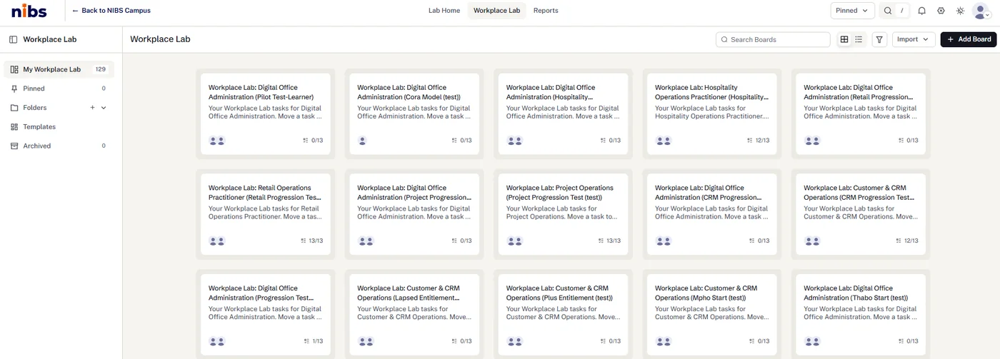 Workplace Lab boards, one per programme, each showing how many workplace tasks are complete
